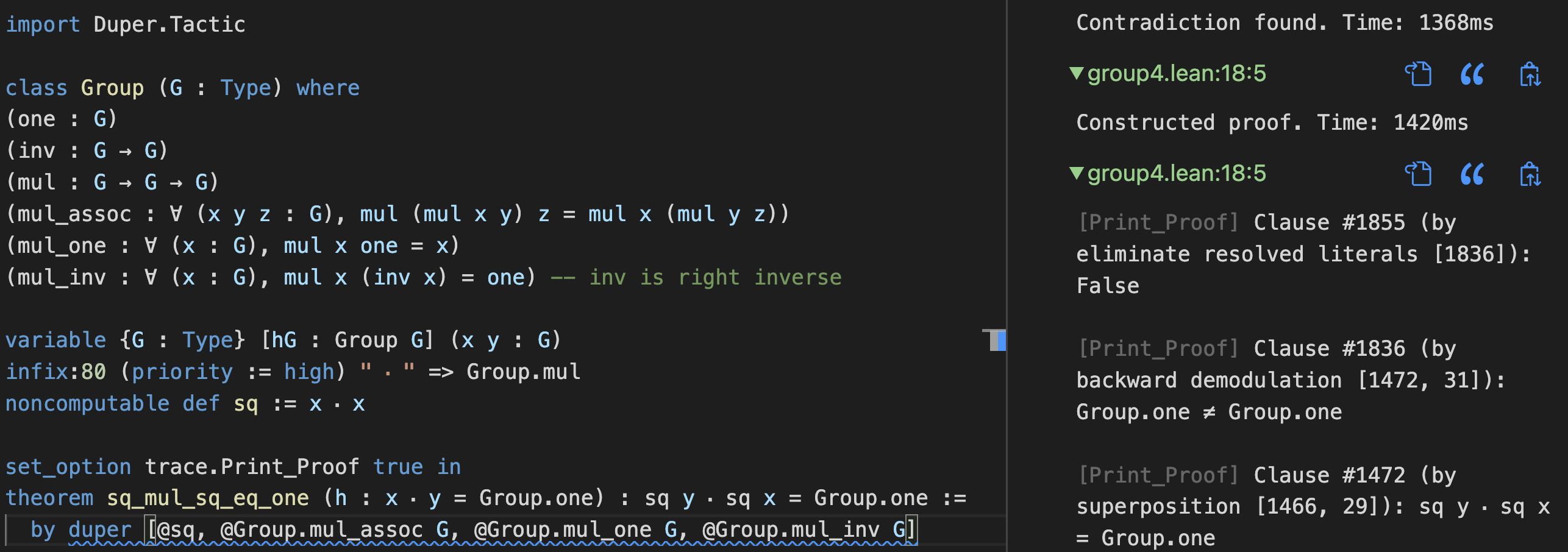 A screenshot of Duper proving a Group theory lemma