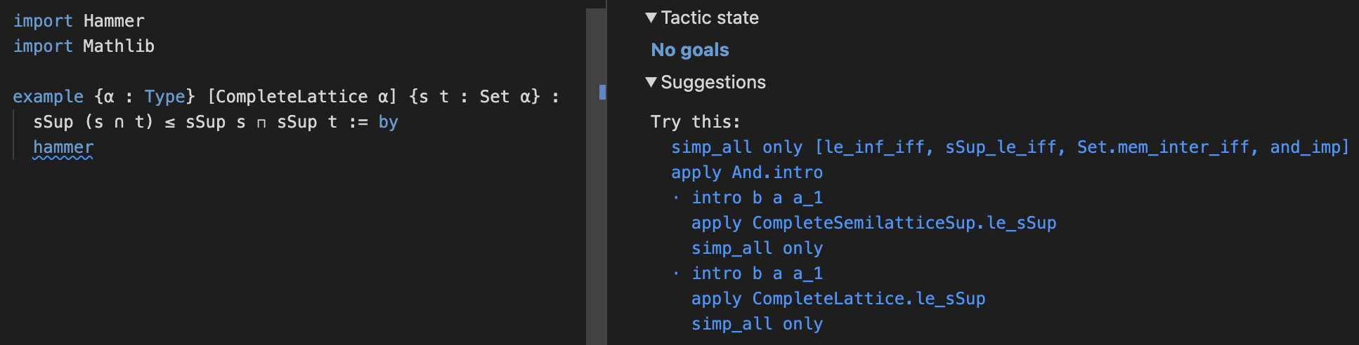 A screenshot of LeanHammer proving a simple fact