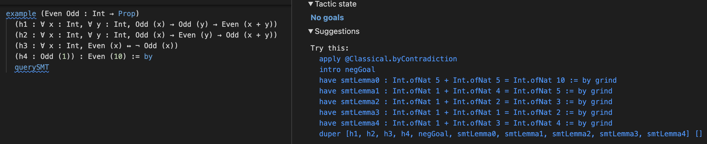A screenshot of QuerySMT proving a simple arithmetic fact